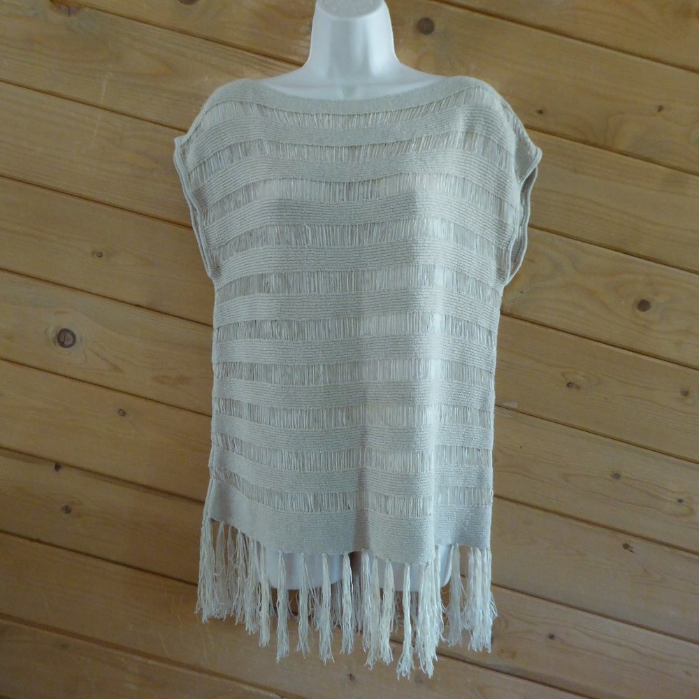 Cache Tan Beige Oatmeal Sweater Fringe Cap Sleeve Pull Over Sweater Stripe Top M